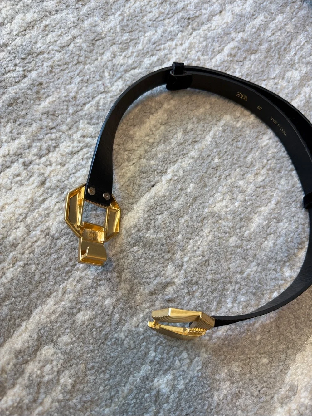 Zara Black Velvet Belt with Gold Geometric Buckle